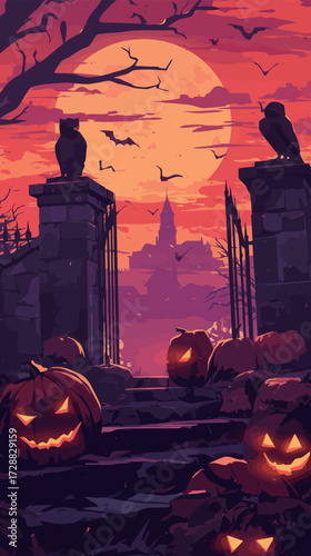 A vibrant Halloween landscape shows carved pumpkins glowing in the foreground. Shadows of owls and bats fill the night sky while a full moon rises behind a distant castle.