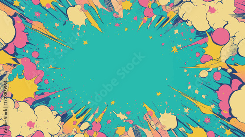 A vibrant scene filled with pink and yellow bursts, lines, and shapes radiates around a bright blue background, creating a dynamic space filled with energy.