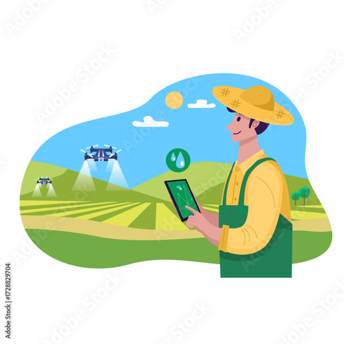 Smart Farming Smart farming vector illustration. Farmer with wireless IoT icons showing greenhouse, water drop, weather, and temperature monitoring