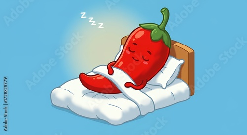 Cartoon chili pepper sleeping in a bed resting illustration