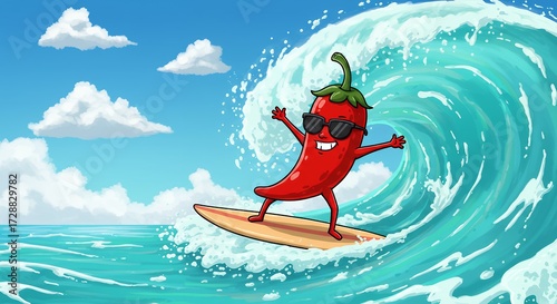 Cartoon chili pepper surfing on a wave against a blue sky background
