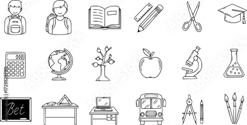 Doodle style educational icons featuring student life and school supplies