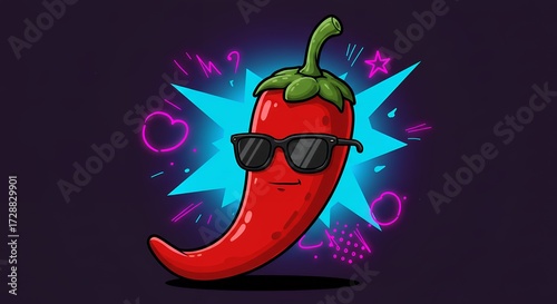 Cartoon chili pepper with sunglasses on abstract background