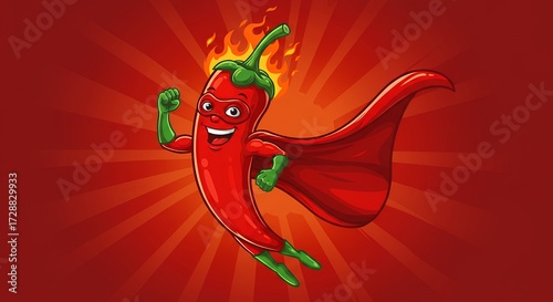 Cartoon depiction of a red chili pepper superhero with a cape and flames