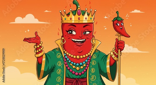 Cartoon image of a regal red pepper character wearing a crown holding a staff with a pepper on a sunset background