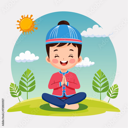 A happy cartoon boy in traditional clothing meditating or praying outdoors on a sunny day.