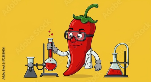 Cartoon red pepper character in lab coat with scientific equipment on yellow background