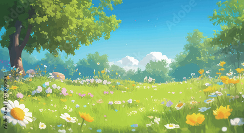A sunny meadow showcases a vibrant display of wildflowers, including daisies and buttercups, surrounded by lush green trees under a bright blue sky.
