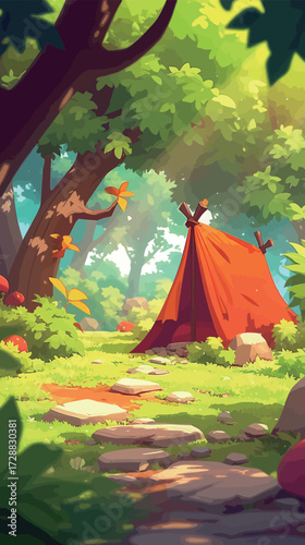 A vibrant camp site features an orange tent nestled among tall trees and colorful plants under bright sunlight. The scene is peaceful and inviting.