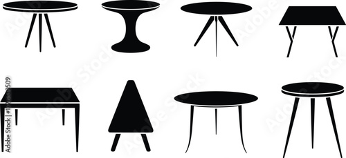 Modern furniture table silhouette vector illustration, minimal black shapes of round and square tables for interior, design, decoration, office, home