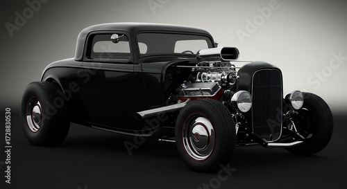 Classic black hot rod car detailed design against neutral backdrop
