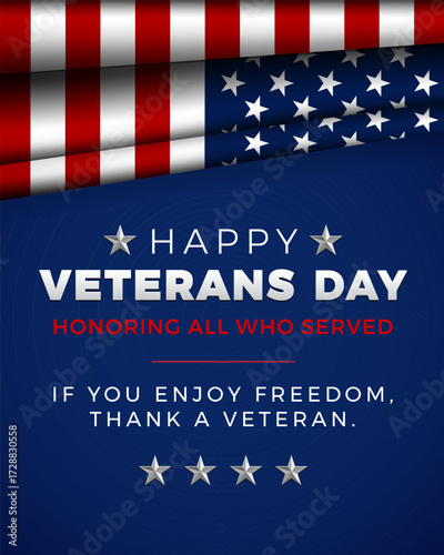 Happy Veterans Day vertical template for social media post, poster, banner, leaflet. Patriotic American flag on blue background with tribute Veterans Day lettering