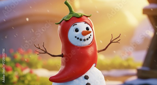 Whimsical snowman with chili pepper hat in winter landscape
