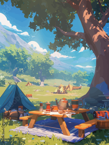A peaceful camping area features tents set up under a large tree, with a picnic table loaded with food. Distant mountains and a bright sky create a serene atmosphere.