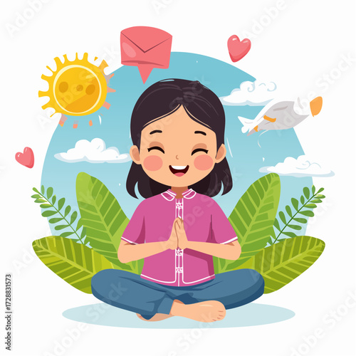 A cartoon girl meditating in a lotus position with a happy expression, surrounded by nature and travel symbols.