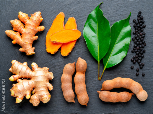 Aromatic Spices Ginger Turmeric Tamarind and Peppercorns.