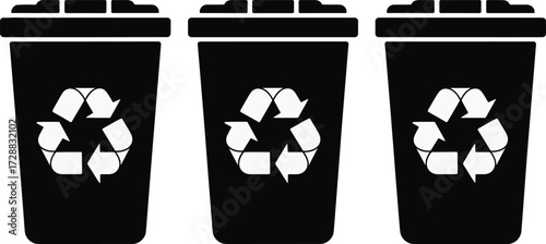 Recycling bins with eco friendly symbol, black waste containers, sustainability concept, environmental protection, reduce reuse recycle, waste management, eco conservation design