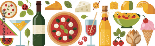 Italian food collection illustration, pizza pasta wine cheese salad dessert drinks, Mediterranean cuisine icons, gourmet dining elements, traditional restaurant meal design