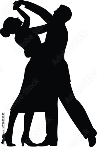 Romantic couple dancing silhouette illustration, man and woman performing elegant dance pose, ballroom movement, passion, love, celebration, performance vector, graceful dance design artwork