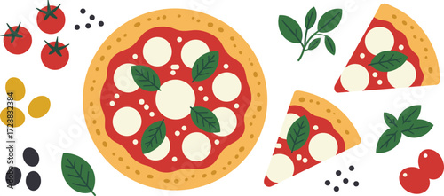 Italian pizza illustration with fresh tomatoes, mozzarella cheese, basil leaves, pepper, olives, traditional recipe, gourmet food, delicious slice, Mediterranean cuisine design