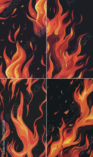 Vivid flames swirl and flicker, radiating warmth and intensity against a deep black backdrop, showcasing the dynamic movement and colors of fire.