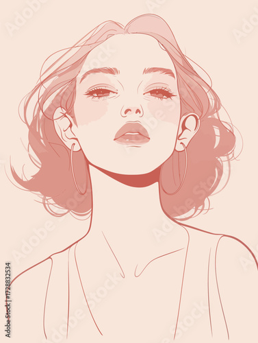 A young woman with soft curls and hoop earrings gazes confidently. Her expression is serene and alluring against a subtle background, adding to the overall elegance.