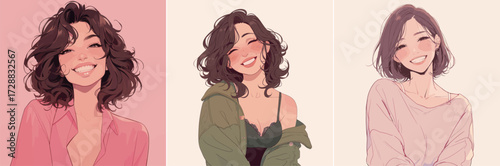 A cheerful woman with curly hair smiles warmly in three different poses. Each shot showcases her happiness and playful style in colorful backgrounds.