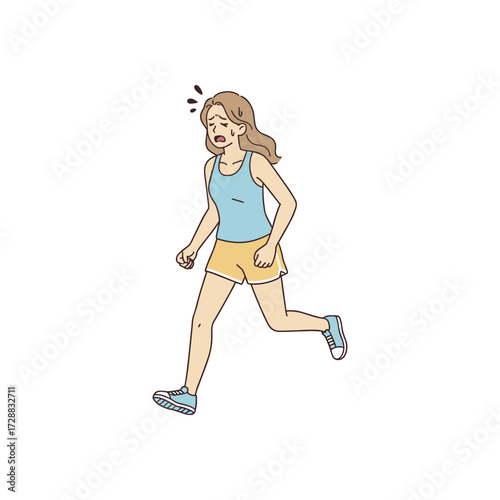 Exhausted woman running illustration tired female athlete in sportswear struggling to breathe jogging in summer heat vector cartoon character fitness exercise concept healthy lifestyle difficulties