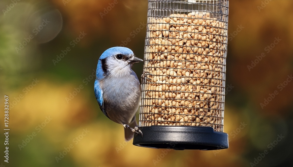 Naklejka premium a small blue bird perched on a feeder filled with seeds and suet balls