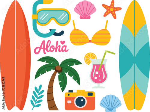 Summer beach holiday illustration set, tropical vacation elements with surfboard, bikini, palm tree, cocktail, seashells, snorkeling gear, aloha design