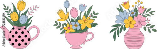 Floral bouquets in teapot, teacup, and vase, spring decorative flower arrangements, pastel botanical clipart, blooming seasonal vector illustration design elements