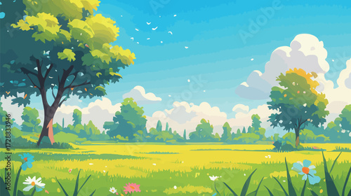 A bright meadow features lush green grass, colorful flowers, and trees. The sky is blue with scattered clouds, creating a peaceful outdoor scene.