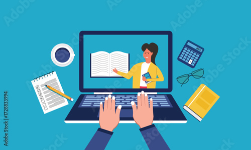 Top view of human hand use laptop learning online education concept