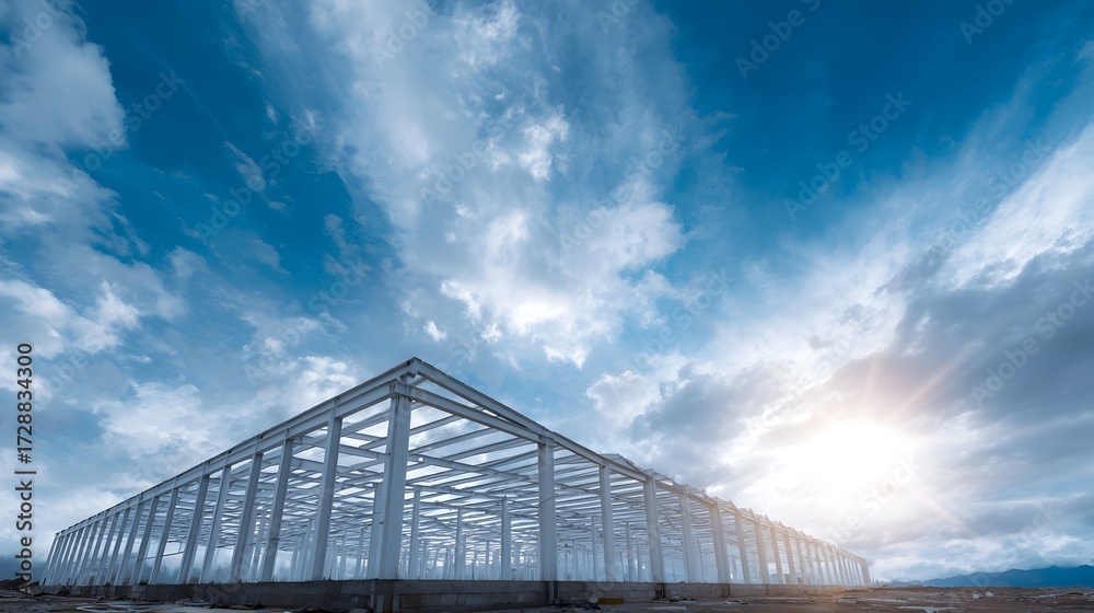 Obraz premium Steel frame structure of a building under a vast blue sky with dramatic clouds and bright sunlight