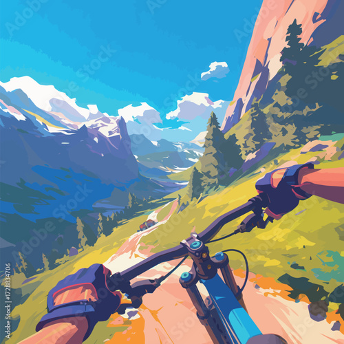 Biker enjoys an exciting descent along a vibrant mountain trail under a clear blue sky with majestic peaks in the background. The lush green landscape adds to the adventure.