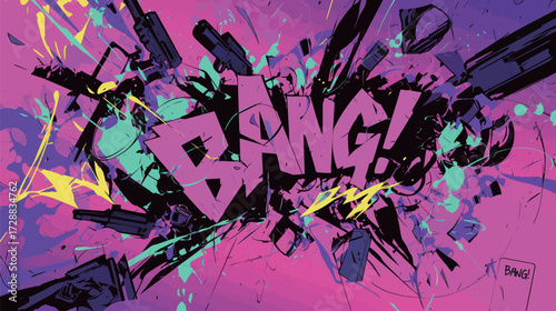 A vibrant explosion of colors surrounds the word Bang in bold letters. The artwork conveys energy and excitement through its intense hues and striking design elements.