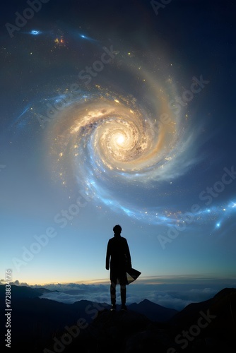 A silhouette contemplates the vastness of the universe and its swirling galaxies