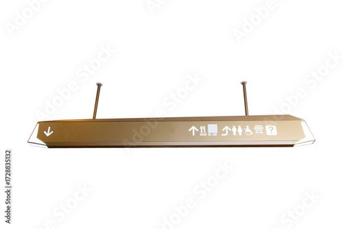 Brown signs in mall white letters and icon symbol for Signpost, Restroom, Cafeteria, Canteen, Floor other, left lobby isolated on cutout PNG or transparent background. Inform tourists about places.