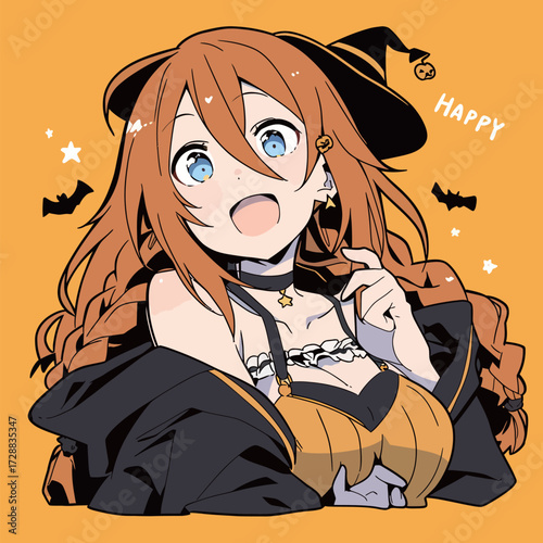 A cheerful character dressed in a witch costume beams happily on a bright orange background. The scene features bats and a festive vibe, capturing Halloween spirit.