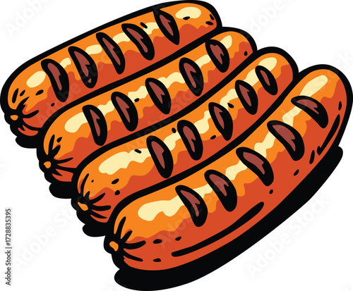 Delicious grilled sausages with golden brown texture and cuts on top. Perfect for food themes, barbecue party, fast food menu, cooking projects, restaurant promotion, and culinary content