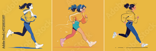 A woman in a yellow hoodie and sporty pants performs running poses. She exhibits energy and movement against a bright yellow backdrop, showcasing fitness and vitality.