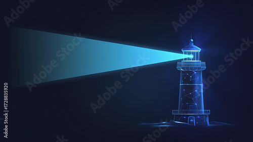 Futuristic Lighthouse Illustration with Blue Glow and Network Connections for Guidance and Technological Advancement showcasing modern architectural design and security concept