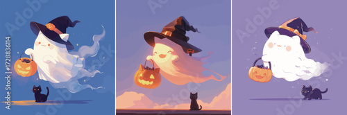A friendly ghost wearing a witch hat joyfully carries a pumpkin basket while floating through a colorful Halloween night. A curious black cat watches from the side.