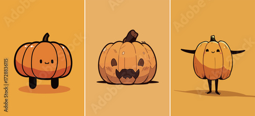 Three adorable cartoon pumpkins showcase different expressions against a cheerful yellow background. The playful designs capture the spirit of Halloween joy.