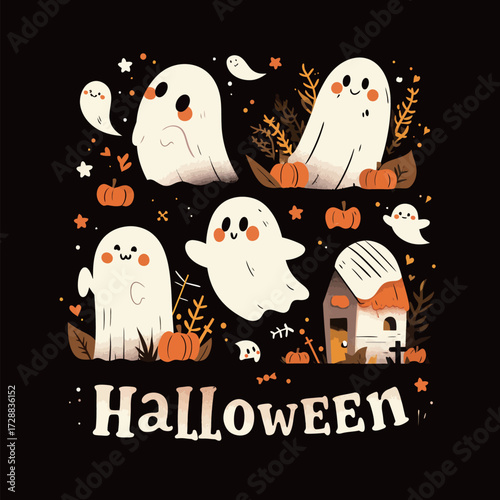 A cheerful Halloween scene features playful ghosts among pumpkins and autumn leaves. A spooky house adds charm, showcasing the spirit of Halloween festivities.