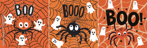 Colorful Halloween artwork displays cheerful spiders and friendly ghosts among spider webs, creating a festive and spooky atmosphere perfect for celebrations.