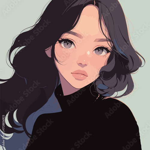 A young woman with flowing dark hair stares confidently at the viewer. She wears a black sweater and has a calm expression that captures attention in a minimalist setting.