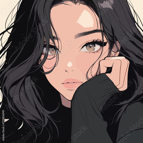 A young woman with sleek dark hair and captivating eyes rests her chin on her hand, giving a thoughtful expression. She wears a cozy, dark sweater, adding to her serene look.