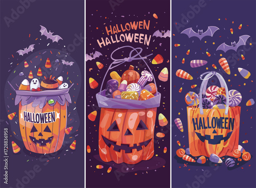 Brightly colored Halloween buckets display an assortment of candies and sweets. Spooky elements like bats and ghosts add a festive touch for the holiday celebration.