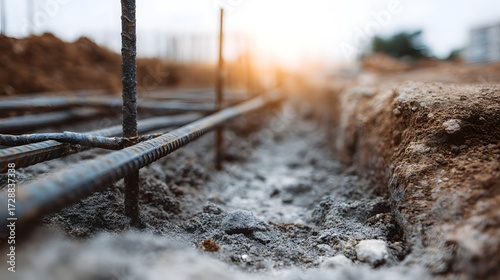 Steel rebar reinforcement laid in ground for building foundation at construction site